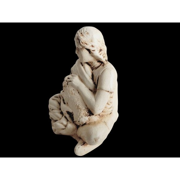 Ceramic Shepherd Holding Lamb Statue 4.5" Tall Beige Brown Signed  Jean S - Picture 3 of 7